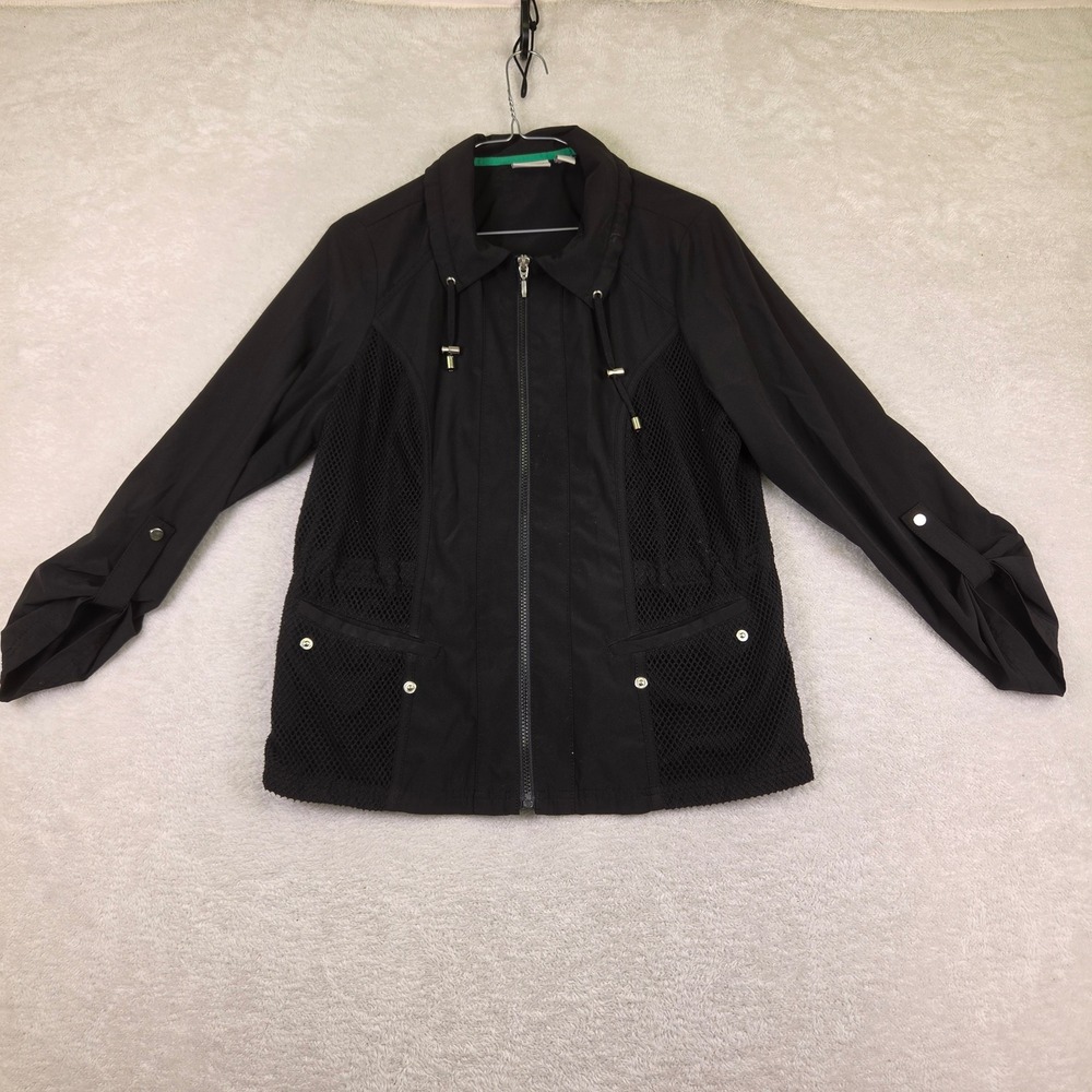 Zenergy by Chicos Black Mesh Panel Full Zip Jacket Roll Tab Sleeve Size 1 M